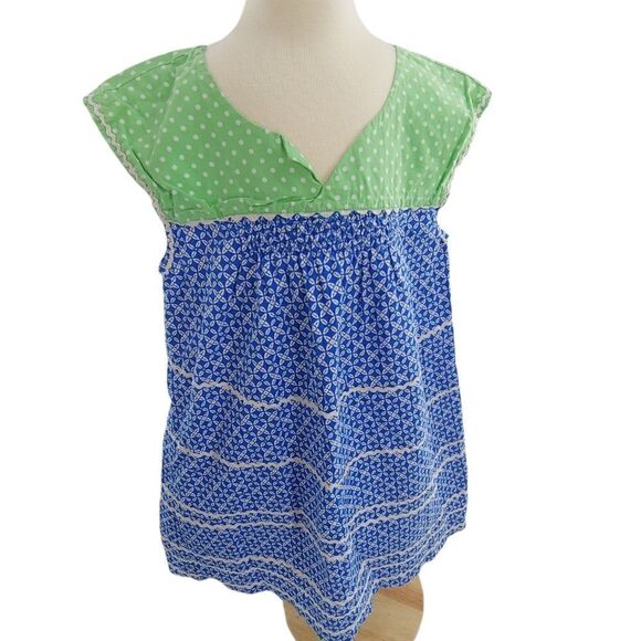 Smocking & rickrack green polka dots & blue cotton dress size 6 - Picture 6 of 9